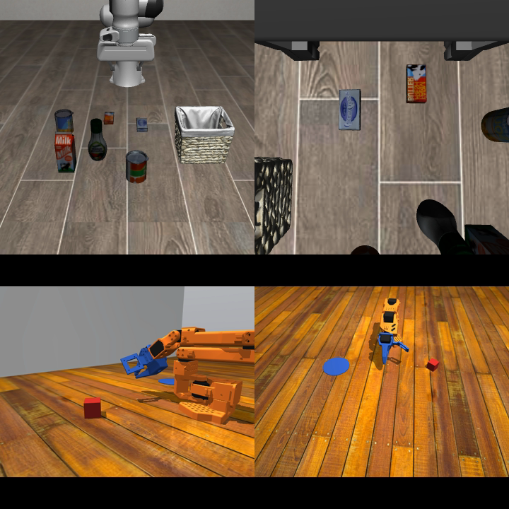 Model's-eye view: LIBERO on top, our SO-101 sim on the bottom, both simple low-detail renders.